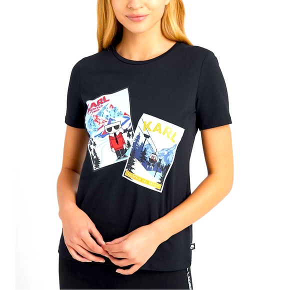 Karl Lagerfeld Ski Postcard Graphic Tee Black XS NWT - Picture 1 of 11